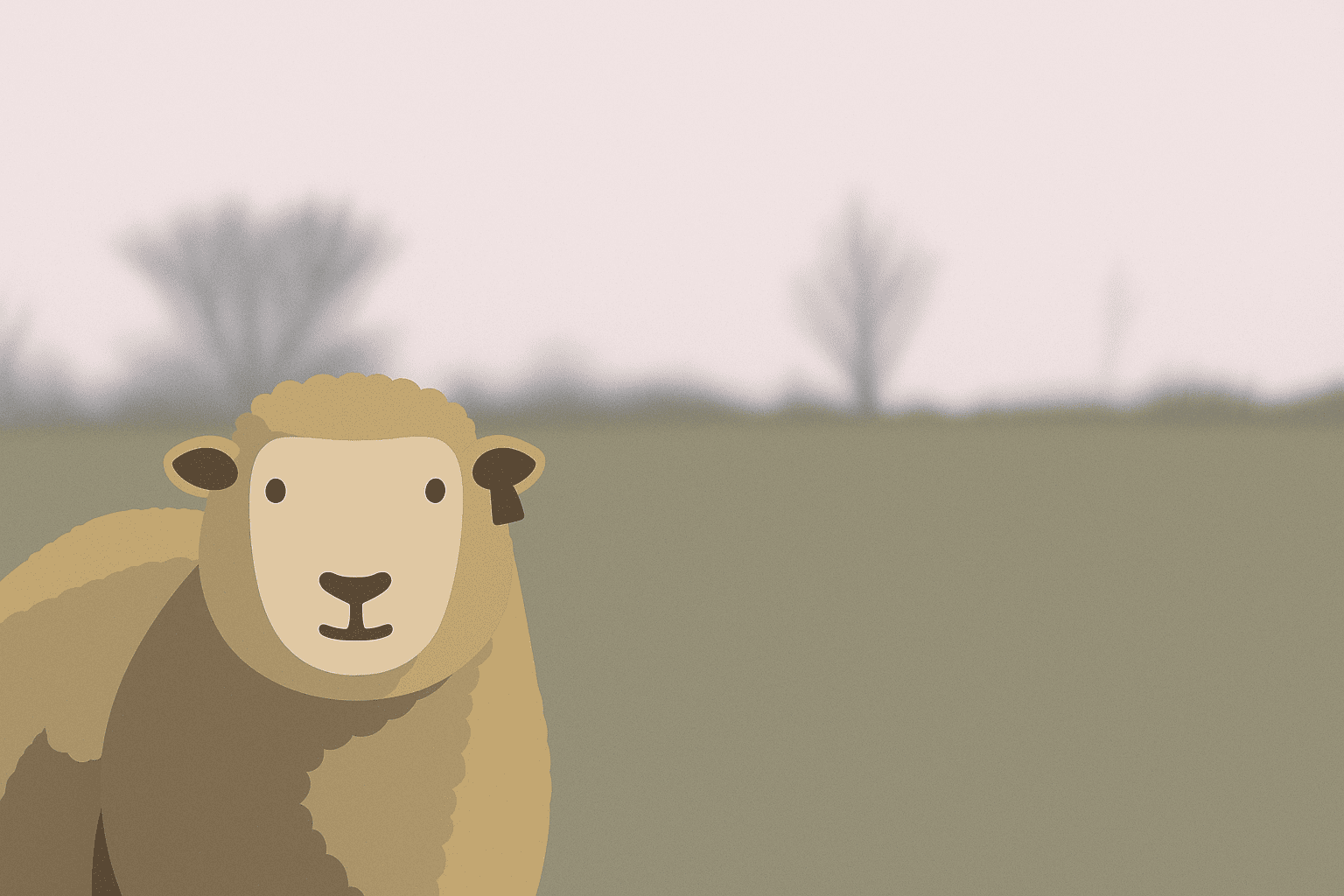 Flat design illustration of a sheep in a muted countryside landscape with blurred trees in the background.